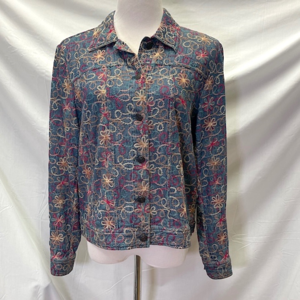 COLDWATER CREEK Flower Embroidered Denim Jacket Size Small